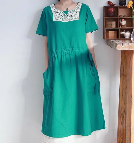 Green Lace Trim Linen Women Dresses Short Sleeves Shift Dresses CH9515
