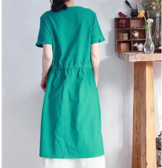 Green Lace Trim Linen Women Dresses Short Sleeves Shift Dresses CH9515