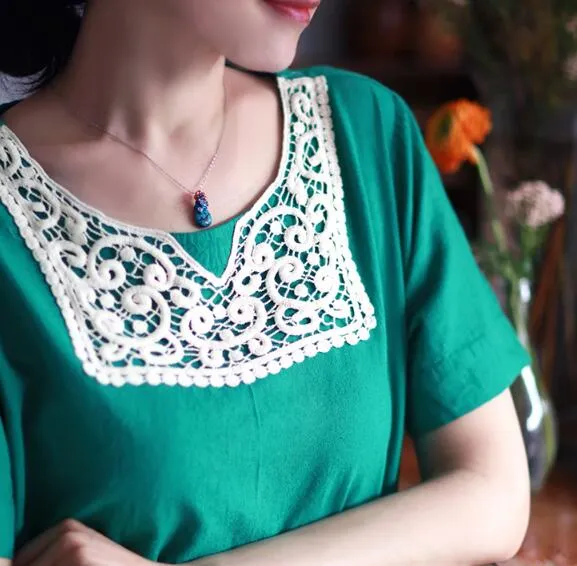 Green Lace Trim Linen Women Dresses Short Sleeves Shift Dresses CH9515