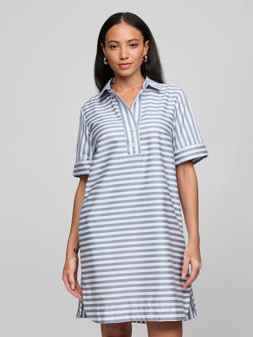 Hinson Wu Aileen Short Sleeve Stripe/Gingham Dress in French Grey/White