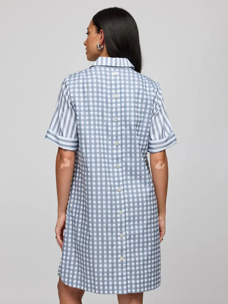 Hinson Wu Aileen Short Sleeve Stripe/Gingham Dress in French Grey/White