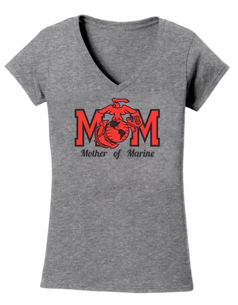 Mom of a Marine USMC V-Neck Tee-Sport Grey w/Red