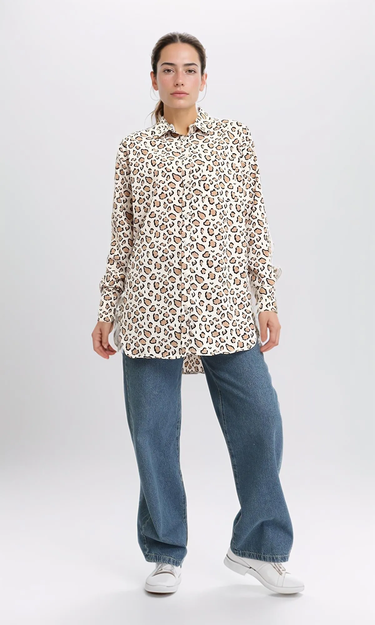 R206359 - Leopard Shirt with Classic Collar - Light Brown & Beige