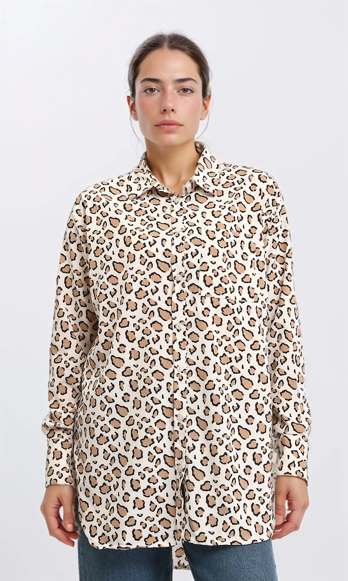 R206359 - Leopard Shirt with Classic Collar - Light Brown & Beige