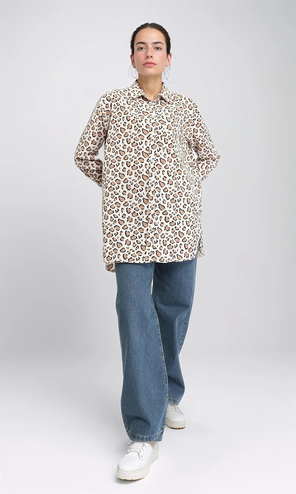 R206359 - Leopard Shirt with Classic Collar - Light Brown & Beige