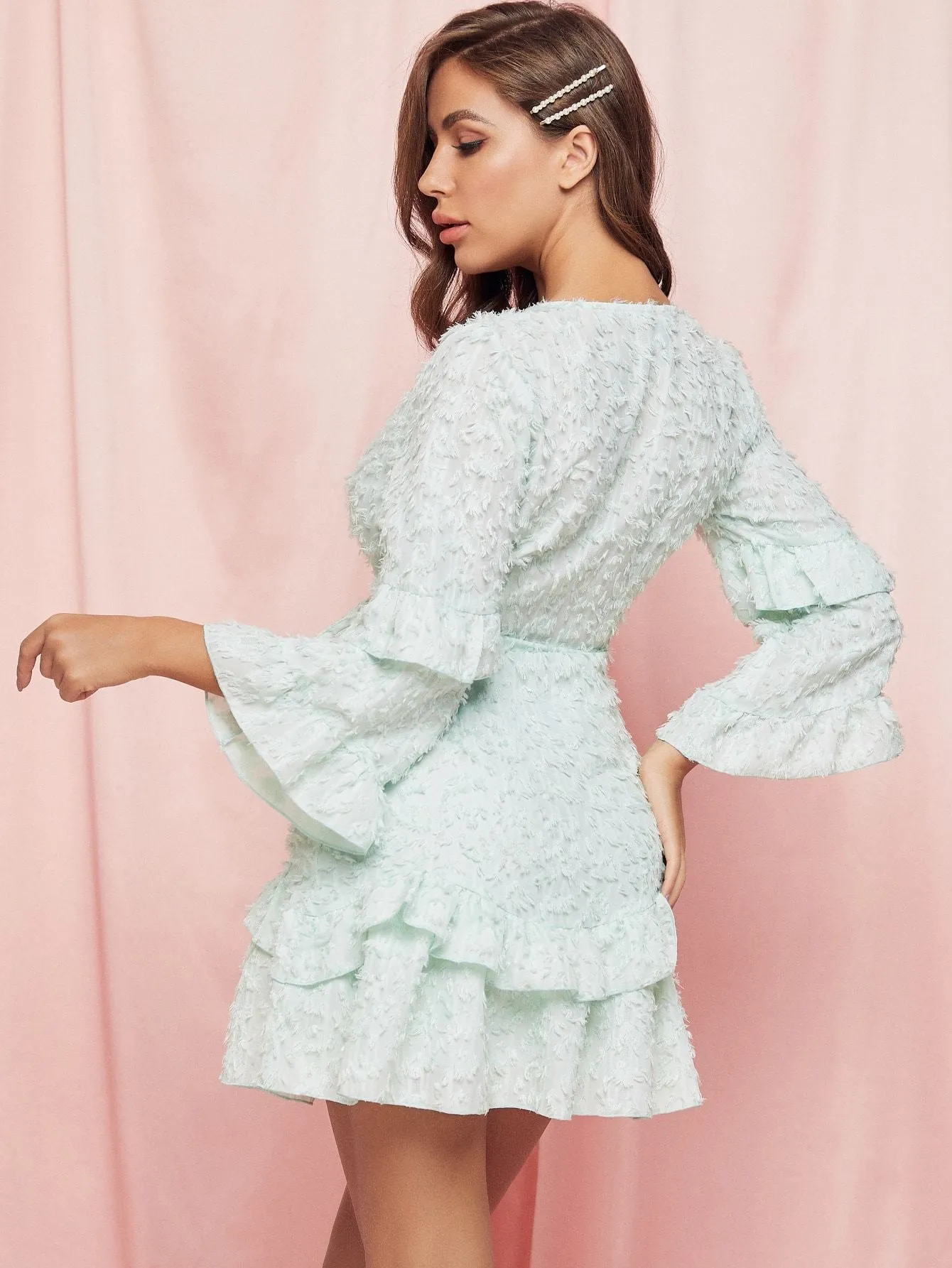 SBetro Wrap Layered Bell Sleeve Fuzzy Dress