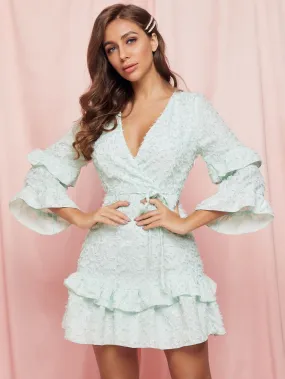 SBetro Wrap Layered Bell Sleeve Fuzzy Dress