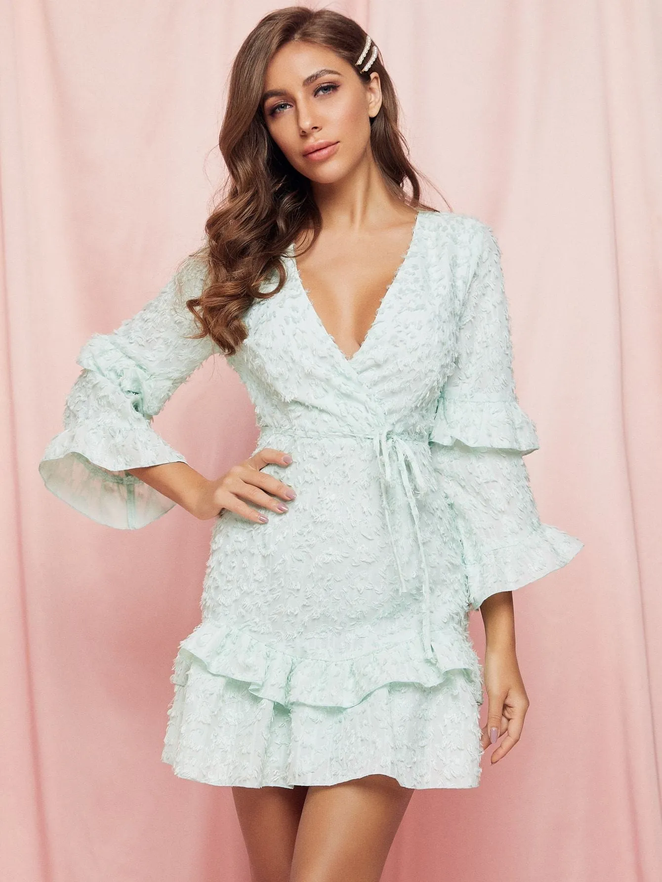 SBetro Wrap Layered Bell Sleeve Fuzzy Dress