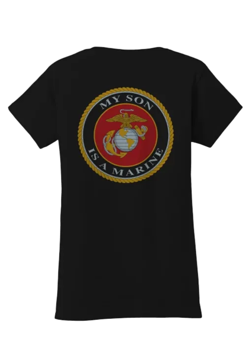USMC Seal My Son Is a Marine Ladies V-Neck Tee-Black