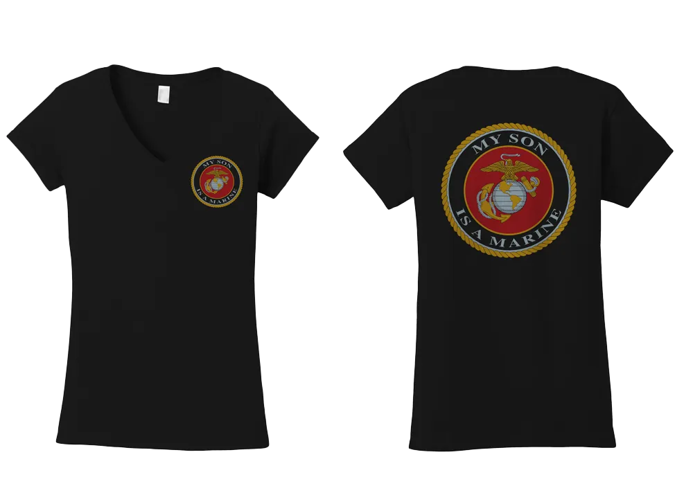 USMC Seal My Son Is a Marine Ladies V-Neck Tee-Black