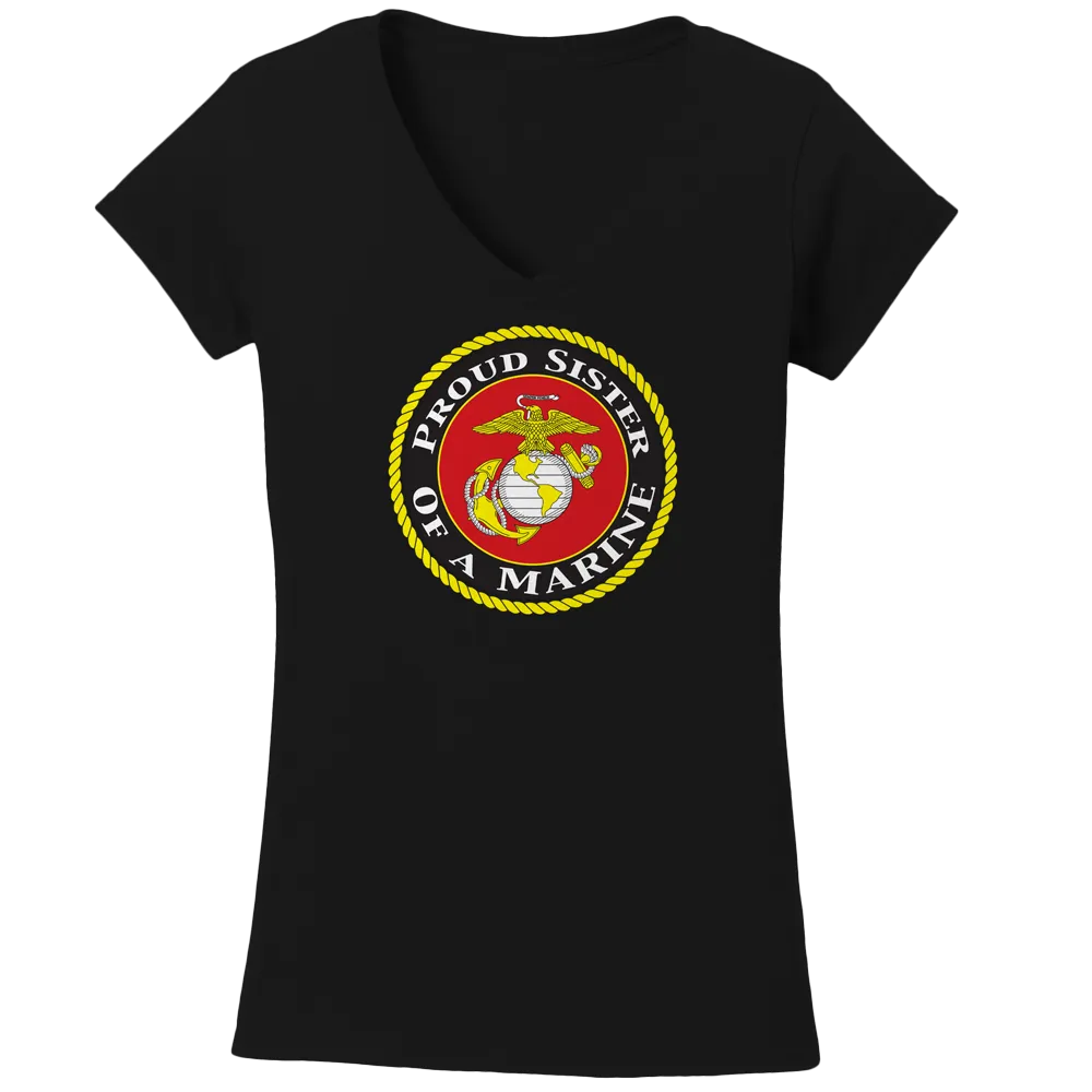 USMC Seal Proud Sister of a Marine Ladies V-Neck Tee-Black