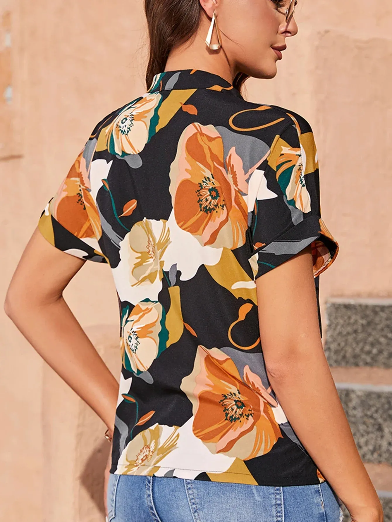 V-neck Short Sleeve Flower Retro Print Summer Casual New Fashion Tops Top