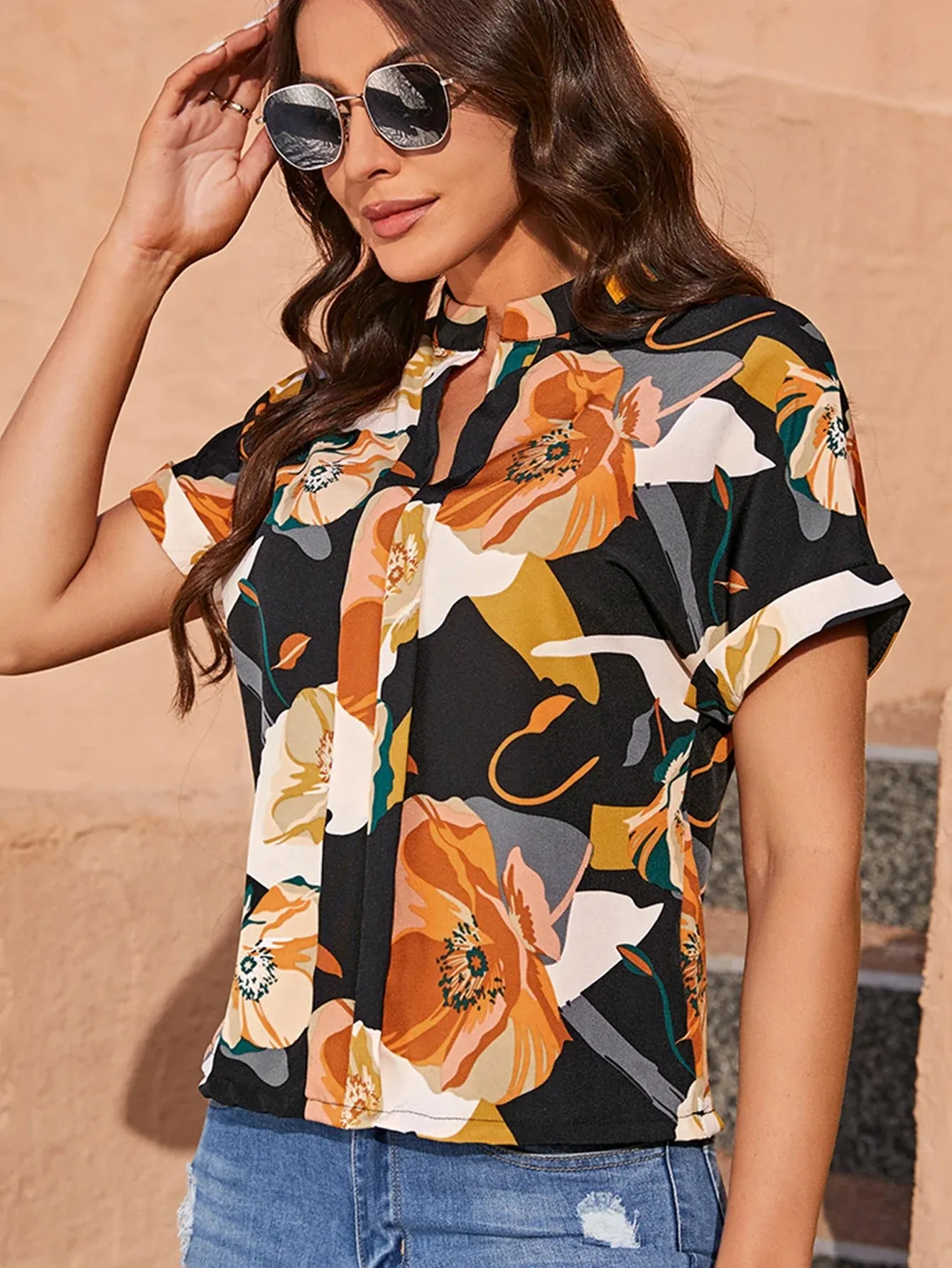 V-neck Short Sleeve Flower Retro Print Summer Casual New Fashion Tops Top