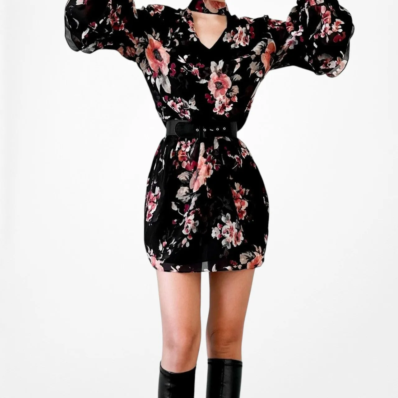 White House Black Market Floral Long Sleeve Ruffle Shift Tunic Dress Size M