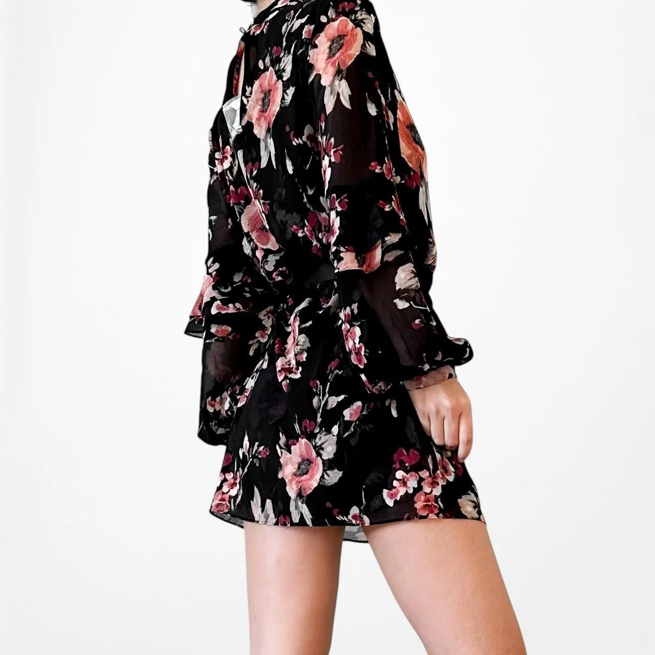 White House Black Market Floral Long Sleeve Ruffle Shift Tunic Dress Size M
