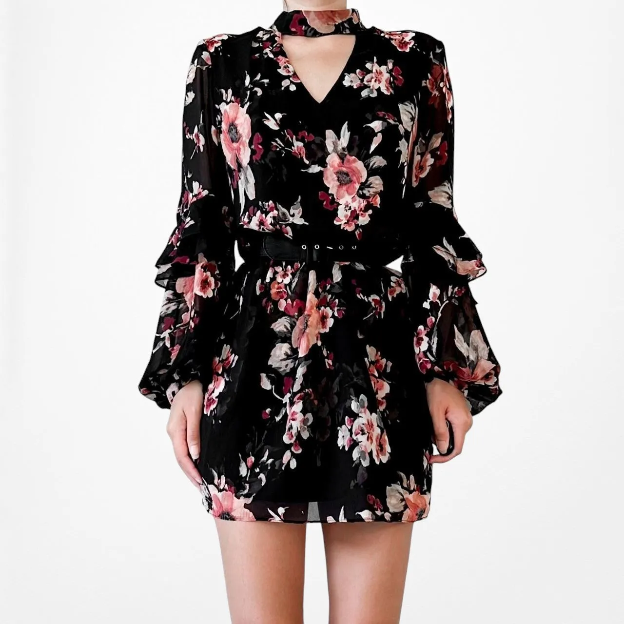 White House Black Market Floral Long Sleeve Ruffle Shift Tunic Dress Size M
