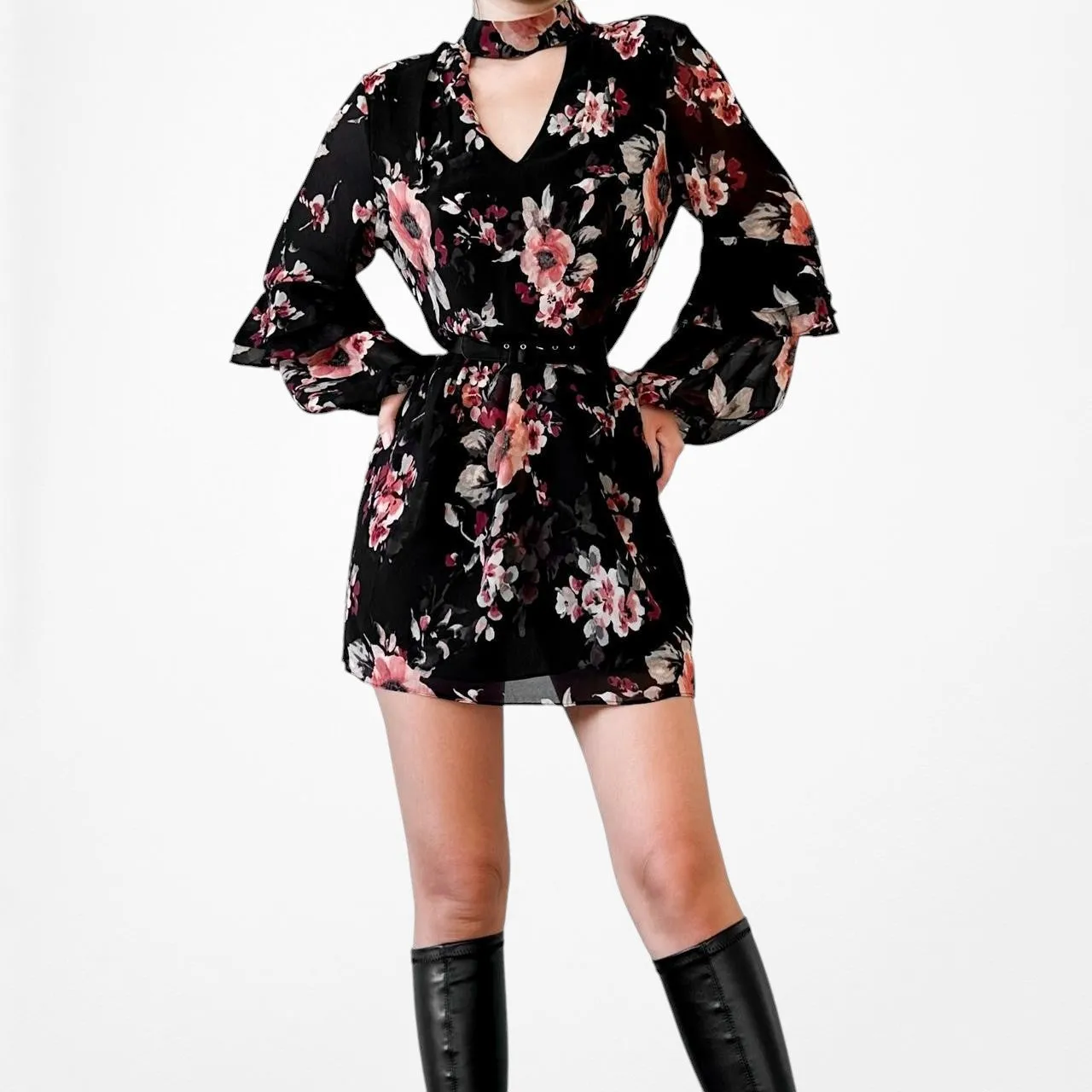 White House Black Market Floral Long Sleeve Ruffle Shift Tunic Dress Size M